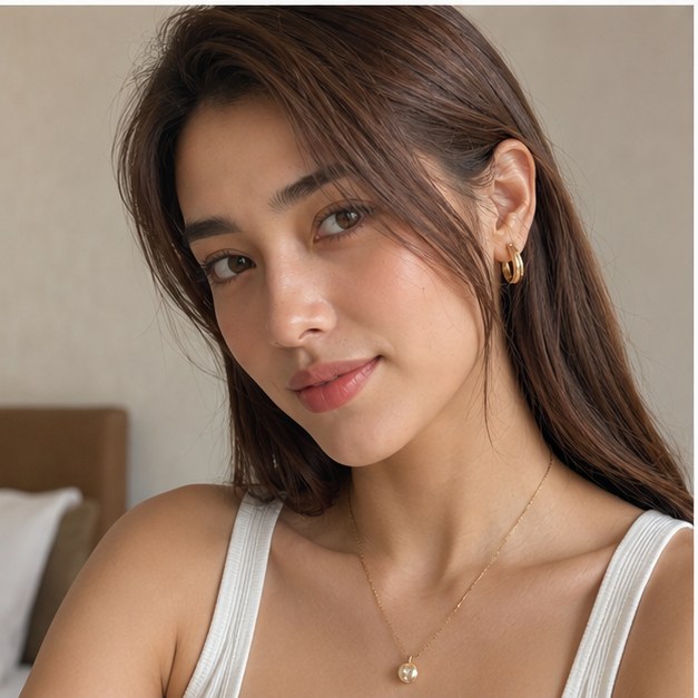 Maris Chen at home in Shanghai, wearing a small pearl pendant from the first edit.