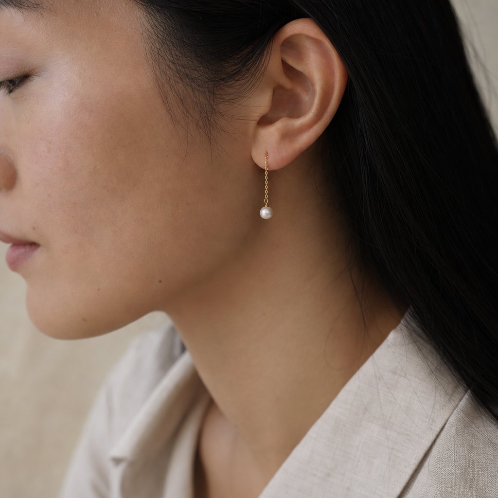 The Pearl Drop Ear wearing close image.